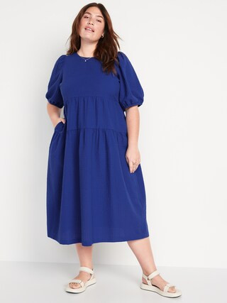 Tiered Puff-Sleeve All-Day Midi Swing Dress for Women | Old Navy (US)