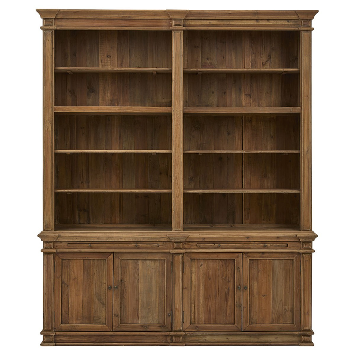 Arwen Updated Traditional Brown Reclaimed Pine Wood Double Bookcase | Kathy Kuo Home