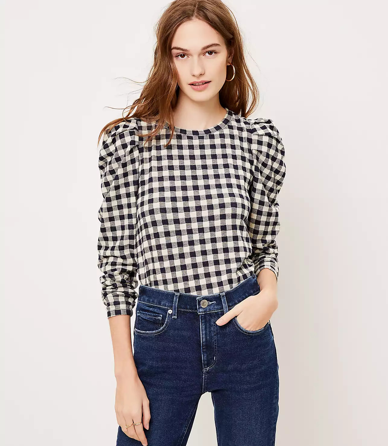 Petite Gingham Pleated Puff Sleeve Top | LOFT