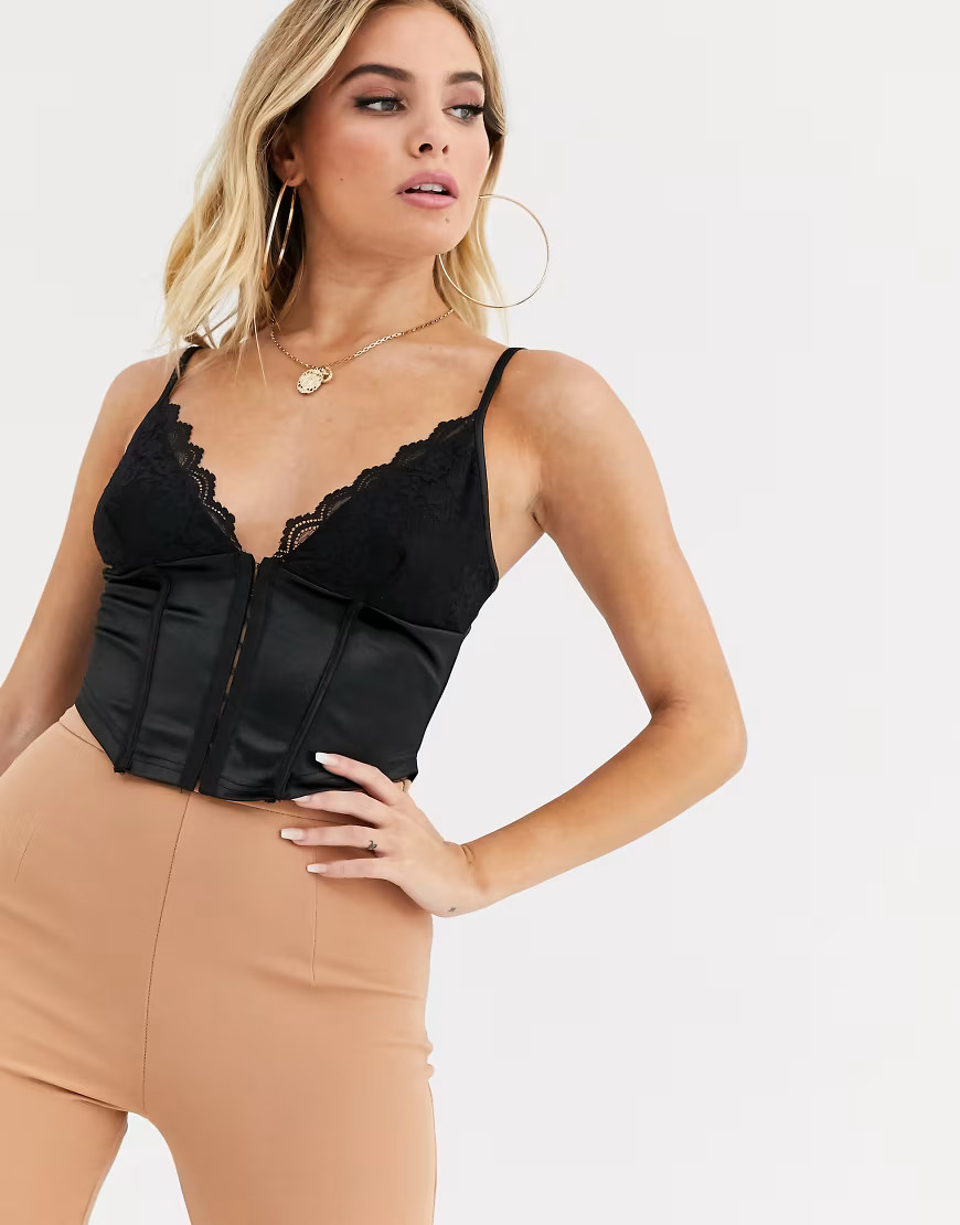 NaaNaa contrast lace & satin corset top in black | ASOS (Global)