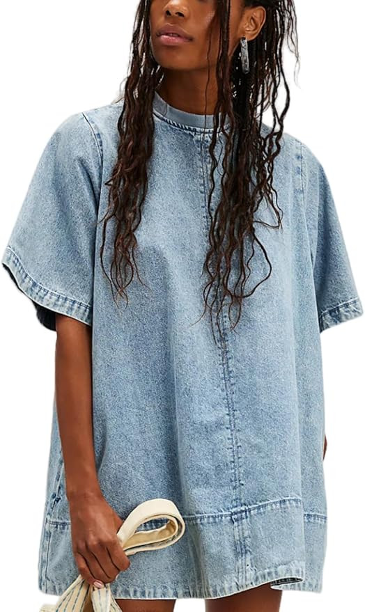 Womens Short Sleeve Denim Dress Back Zipper Ribbed Crew Neck Loose Distressed Jean Mini Dresses w... | Amazon (US)