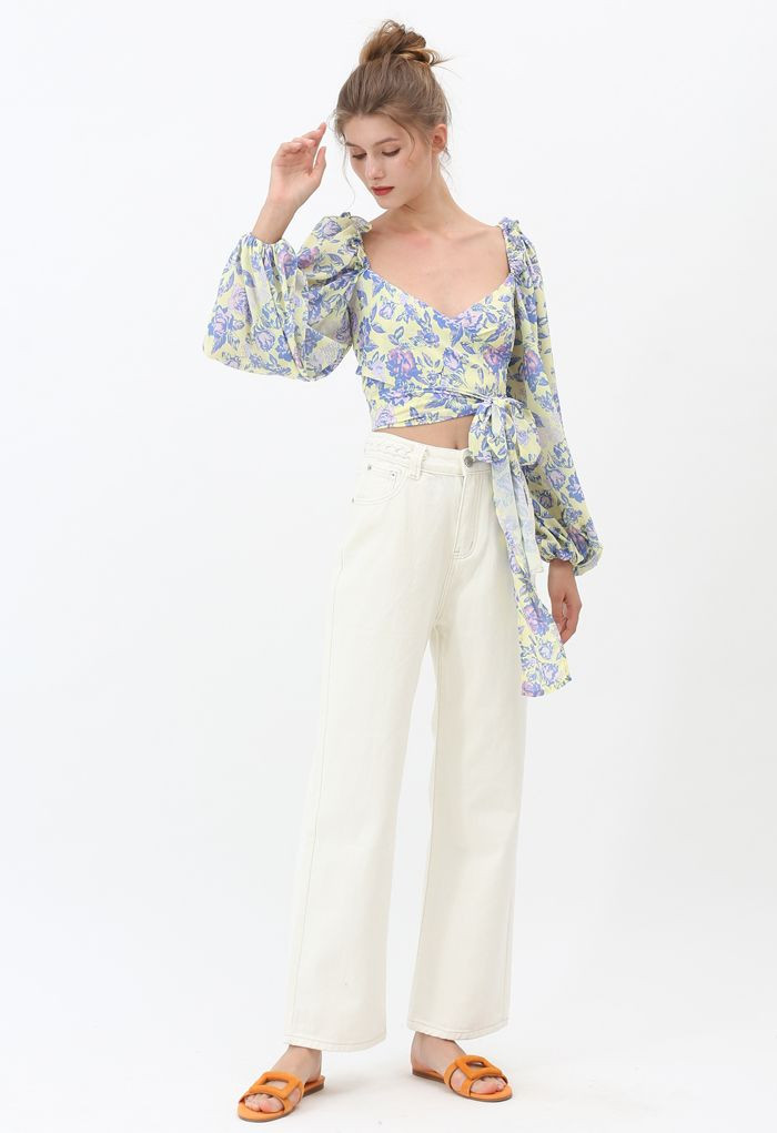 Puff Sleeves Floral Shirred Wrapped Crop Top | Chicwish