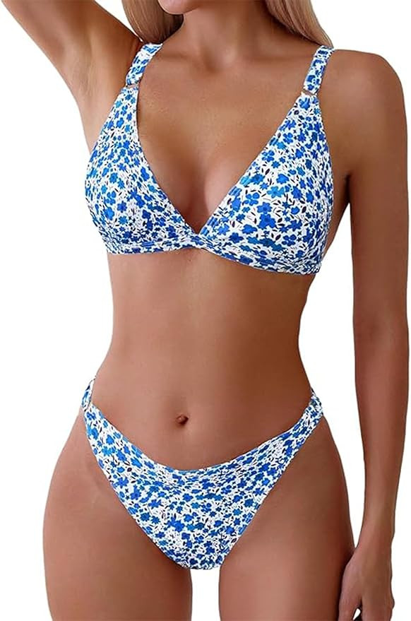 ZAFUL Women's 2 Piece Floral Print Swimsuit Triangle String High Cut Bikini Sets Bathing Suit    ... | Amazon (US)