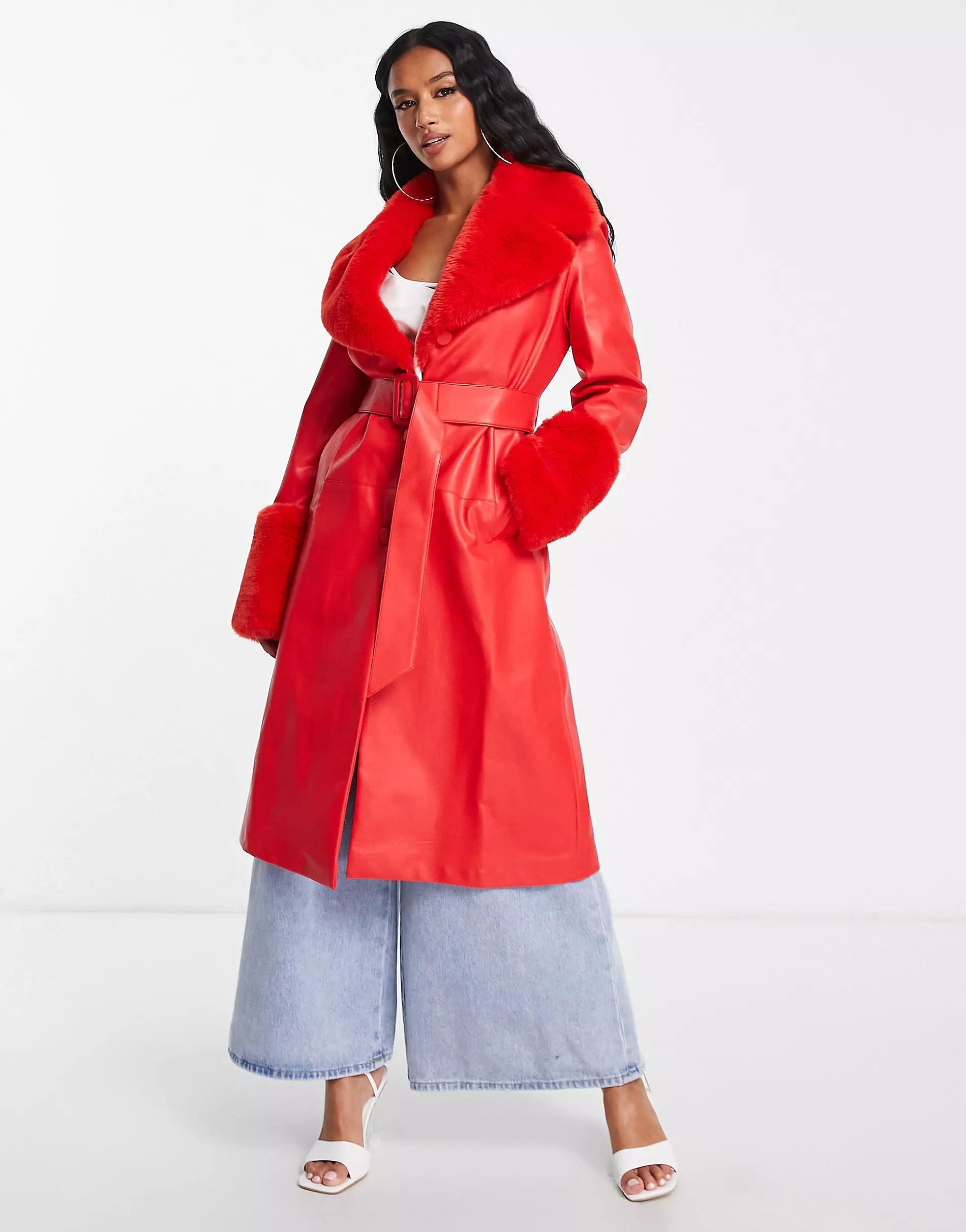 Ever New Petite faux fur belted PU coat in pillarbox red | ASOS (Global)