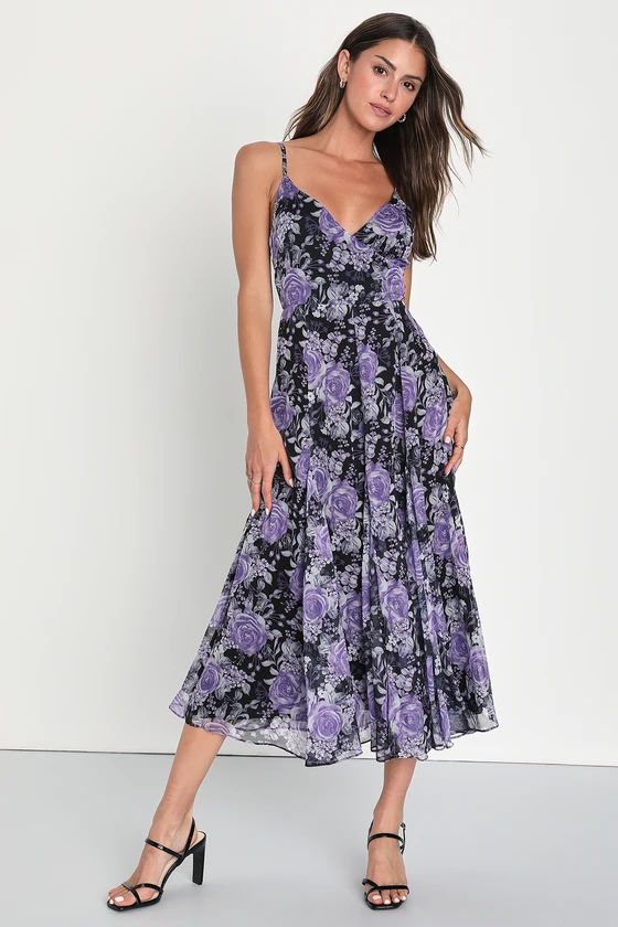 Flirty Charm Black Floral Surplice Tie-Back Midi Dress | Lulus (US)