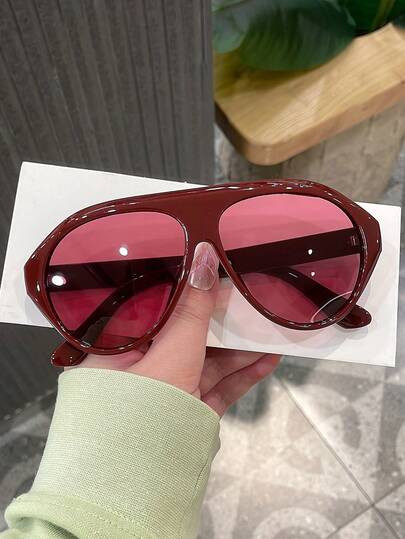 1pc Women's Wine Red Pilot PC Frame Solid Color Large Frame Streetwear Holiday Fashion Fashion Gl... | SHEIN