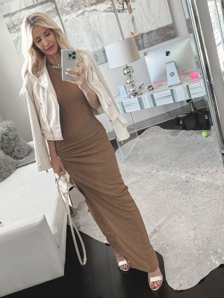 Camel & Ivory ~ a luxurious color combo perfect for spring! Loving this gorgeous dress from Revolve styled with a chic suede jacket from Express & gold accessories for the perfect date night outfit!

#LTKparties #LTKover40 #LTKstyletip