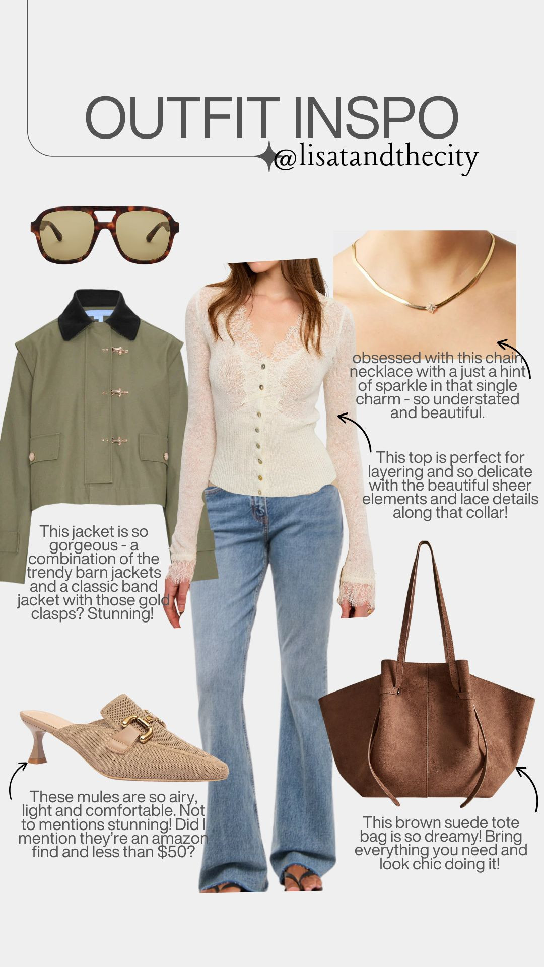 🤎 Neutral Fall Outfit Inspo You’ll Want to Recreate! 🤎
This look has everything I love for fall — a romantic lace top, a cropped barn-style jacket with gold clasps, and the most dreamy suede tote bag that fits everything without sacrificing style. Paired with chic neutral mules (under $50 on Amazon!) and a delicate gold chain necklace that adds just the right amount of sparkle ✨ 

 #ltkfashion #ltkfalloutfits #ltktrending #ltkunder50 #ltkwomen #ltkeverydaystyle #fallfashion2025 #neutraloutfitideas #falloutfitinspo #affordablechic #amazonfashionfinds #chiccasualstyle #capsulewardrobeessentials #outfitinspo #lisatandthecity #ltkfallstyle 

#LTKOver40 #LTKFindsUnder50 #LTKShoeCrush