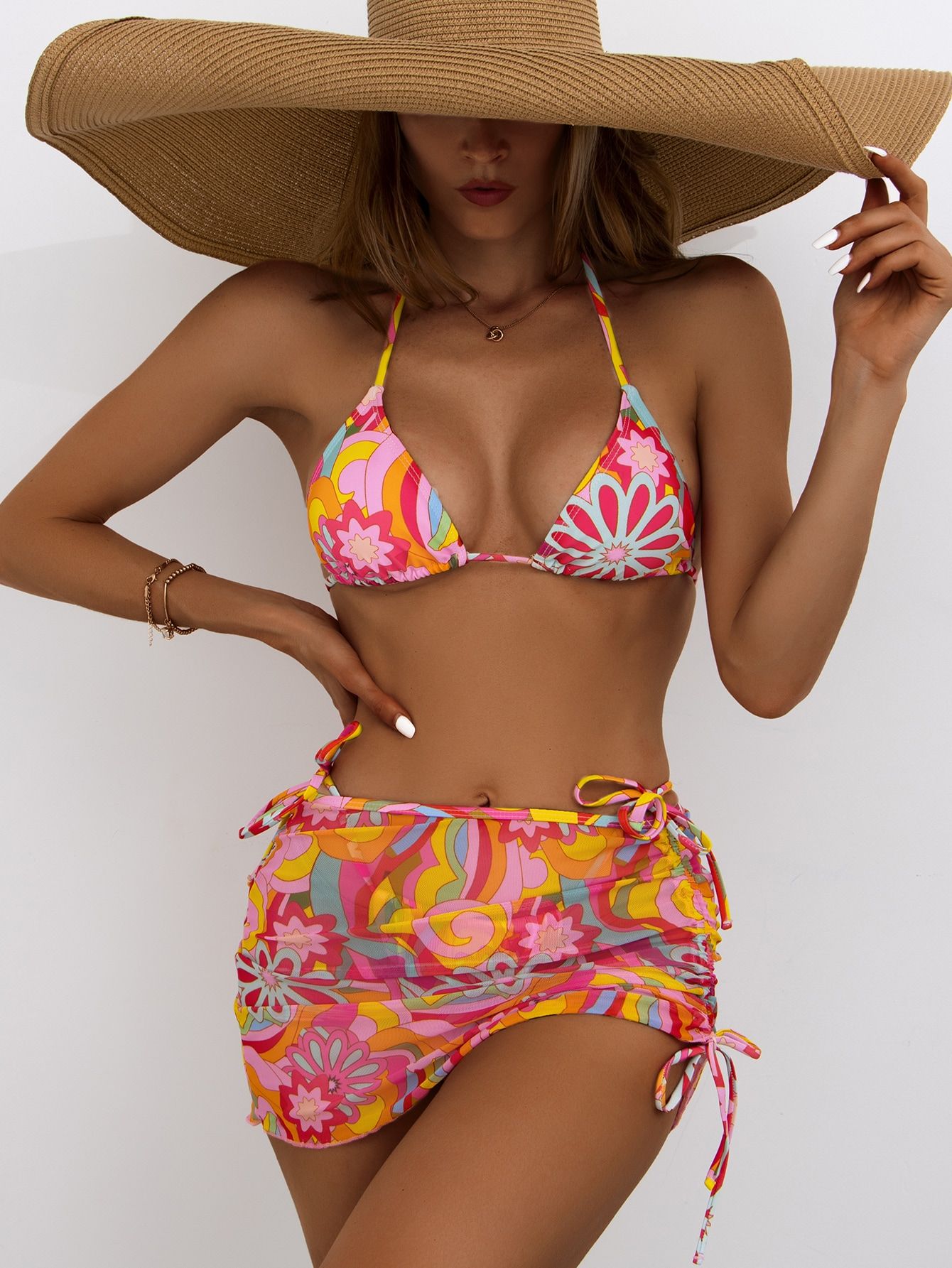 3pack Floral Print Halter Bikini Swimsuit With Cover Up | SHEIN