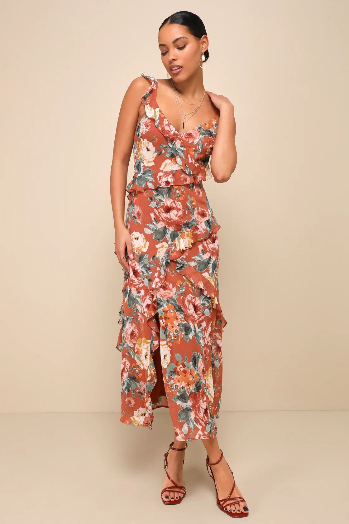 Notable Poise Rust Floral Print Lace-Up Ruffled Maxi Dress | Lulus