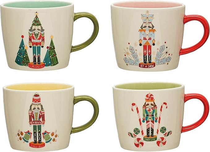 Creative Co-Op Round Stoneware Mug with Nutcracker, Set of 4 Styles Mugs & Cups, Multi | Amazon (US)