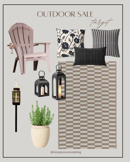 Target outdoor decor on sale, checkered outdoor rug, outdoor lanterns, outdoor lots, patio decor, mosquito repellent torches, outdoor throw pillows, fire pit chair with cup holder and accessories hooks 

#LTKSaleAlert #LTKHome #LTKFindsUnder100