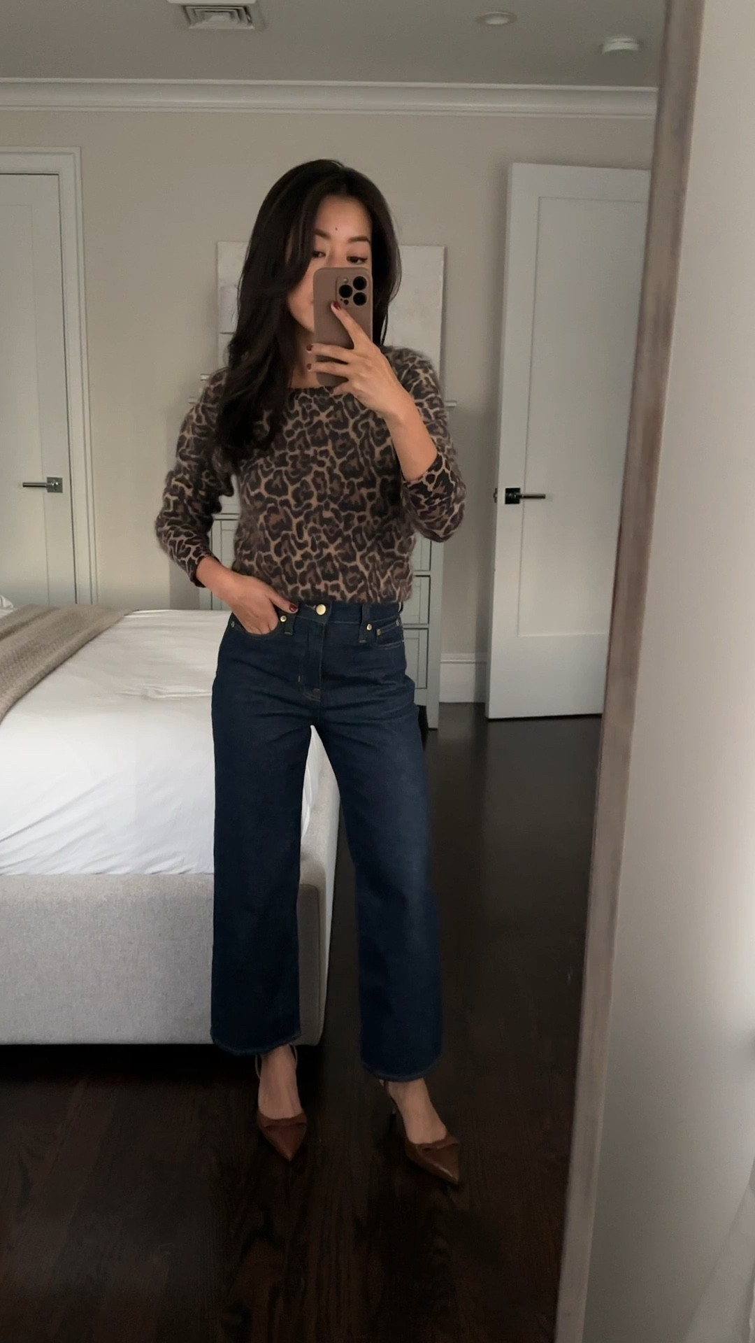 Flattering wide jeans (40% off) + a very petite-friendly cozy cashmere sweater in leopard (also in lots of solid colors)

• 40% off J. Crew slim wide jeans 24 petite in dark blue resin rinse- these are some of my most flattering jeans. Slightly wide straight cut, works well with flats or heels or booties for me. 

The chino pant version of these jeans are also 40% off in many colors! 

• J. Crew brushed cashmere shrunken crewneck sweater in leopard print XS. These run a little small so I sized up for a relaxed fit. This brushed cashmere is Soo soft cozy and luxe! Their shrunken cashmere sweaters would be an amazing holiday gift for her. 

• Colette bow pumps size 5.5. In usually between 5 and 5.5 and found the latter to fit better. Comfortable for a heel and well made. 

• navy & black Suede Berkeley bag 

#LTKCyberWeek #LTKFindsUnder100 #LTKWorkwear