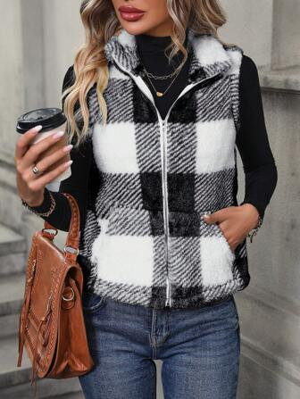 Plaid Pattern Zip-Up Fleece Vest | SHEIN