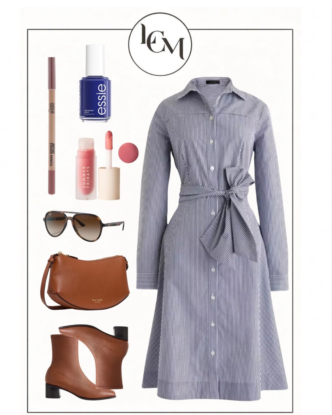 This striped tie waist dress is great now + into fall/winter, with boots, loafers or heels. A bag + shoes in the same color makes you look instantly put together. Navy polish is casually chic on short mails while this all in one pencil in a tawny shade + this pinky nude lip oil give you a polished no-makeup look. Modernize your sunglasses look with aviators~ I have them + love them so much!

#LTKdayinmylife #LTKBeauty #LTKWorkwear