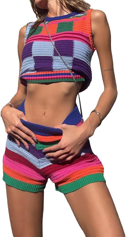 Fernvia Womens Sexy Bodycon Crochet Knitted 2 Piece Outfits Summer Crop Tops Short Pants Skirts Sets | Amazon (US)