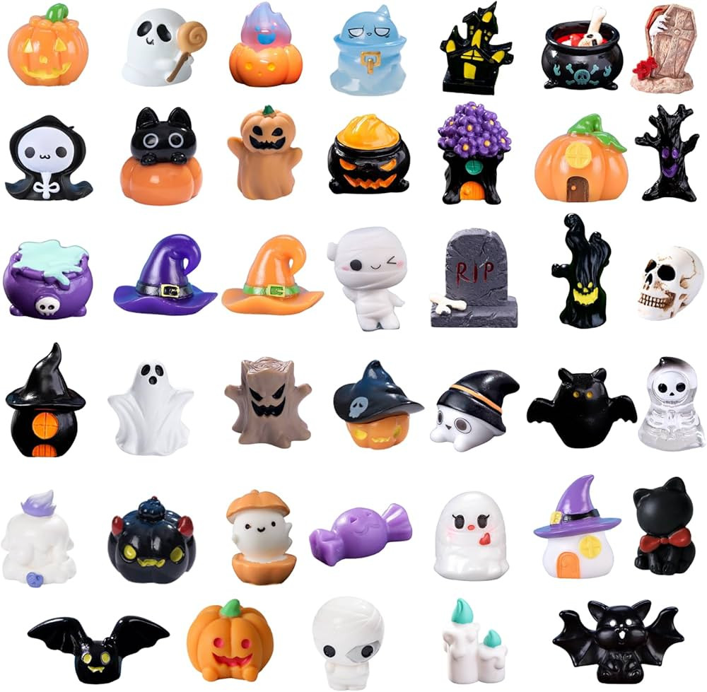 40pcs Halloween Mini Resin Figures 40 Styles, Cute Tiny Resin Figures Pumpkin Ghost Skull Miniatu... | Amazon (US)