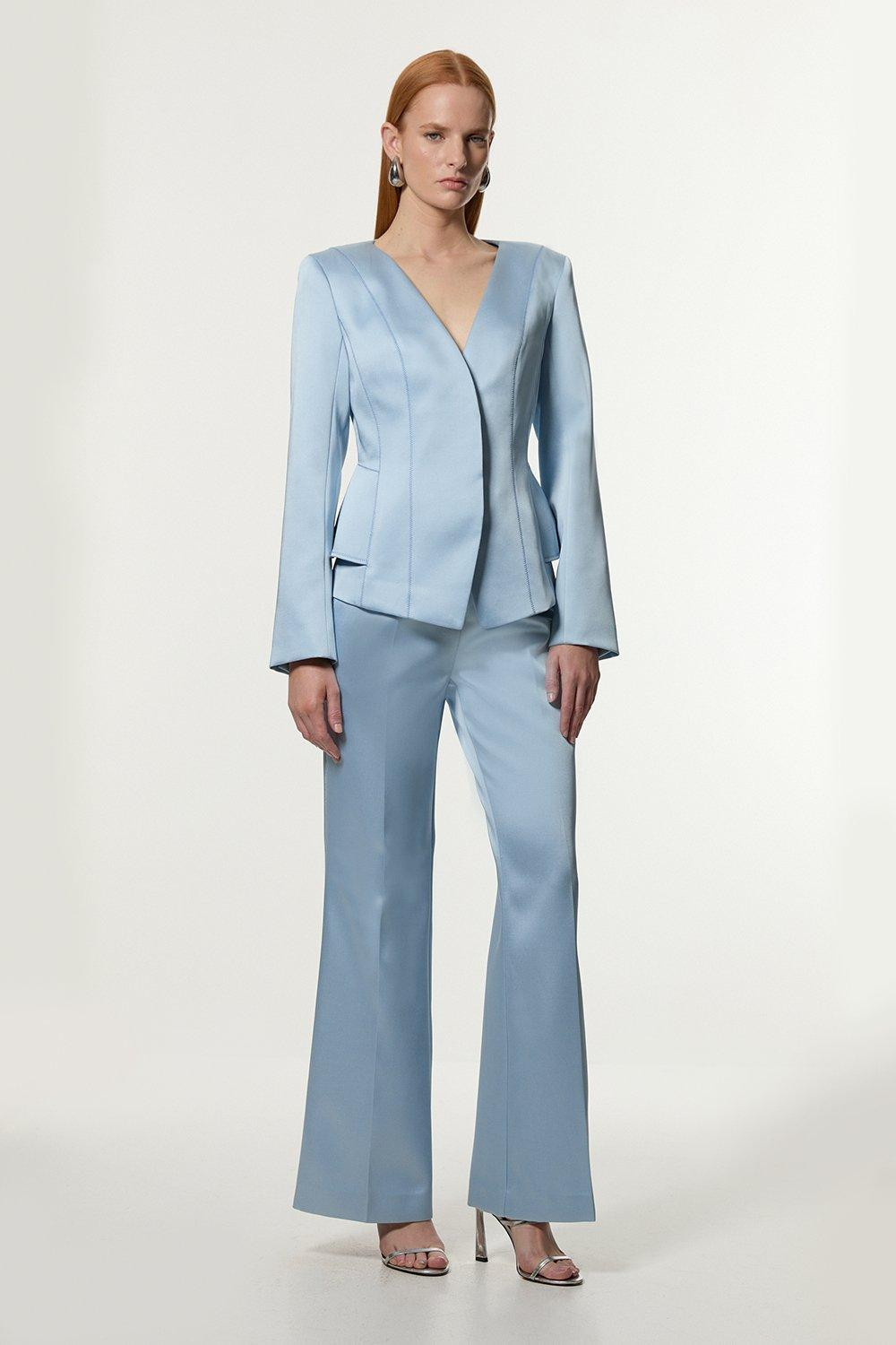 Structured Viscose Satin Stitch Detail Tailored Kickflare Trouser | Karen Millen UK + IE + DE + NL