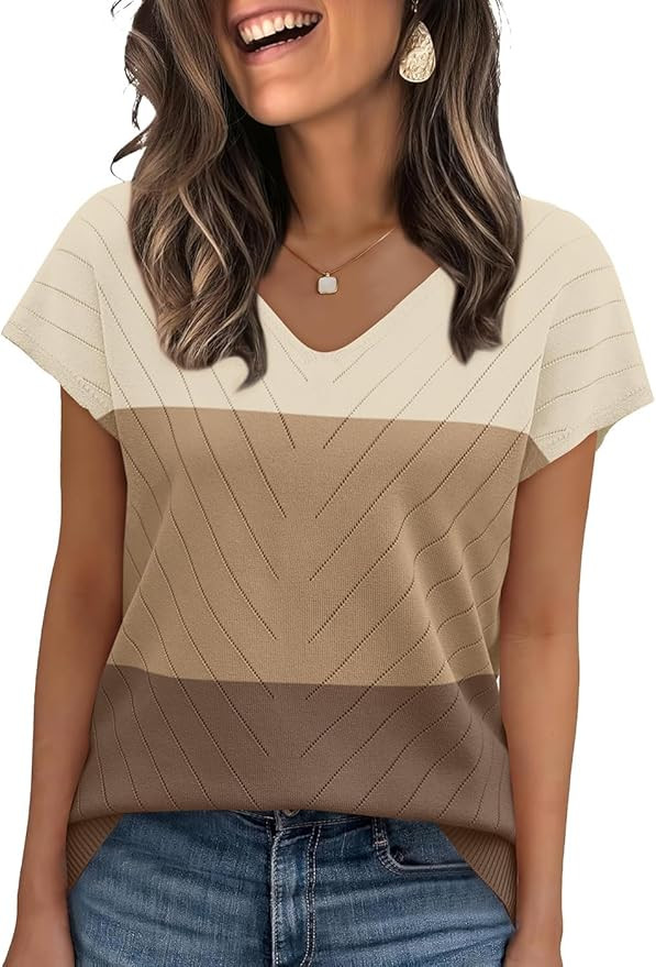 WIHOLL Short Sleeve Sweater for Women V Neck Trendy Summer Tops 2026 Beach Vacation Clothes Trave... | Amazon (US)