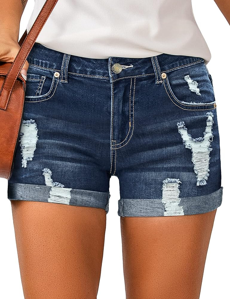 LookbookStore Women's High Waisted Rolled Hem Distressed Jeans Ripped Denim Shorts | Amazon (US)