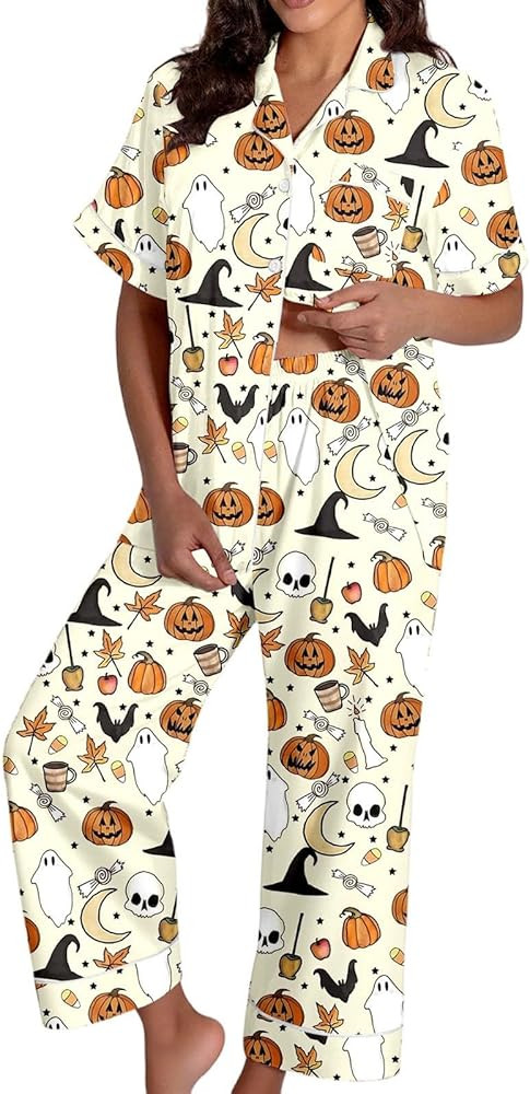 Womens Halloween Pajamas Short Sleeve Shirts Matching Elastic Waist Pants Pumpkin Cute Pjs Sets S... | Amazon (US)