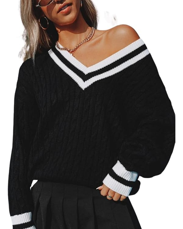 InterNos Women's Casual V Neck Long Sleeve Sweater Trendy Striped Pullover Cable Knit Preppy Swea... | Amazon (US)