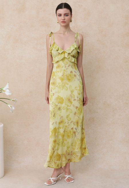 Yellow Floral Printed Ruffle Chiffon Cami Dress | Chicwish
