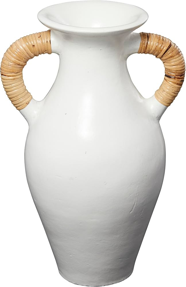 Deco 79 Ceramic Jug Inspired Vase with Rattan Wrapped Handles, 14" x 11" x 21", White | Amazon (US)