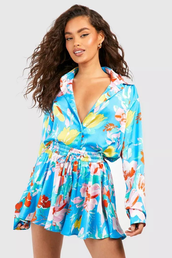 Bright Floral Relaxed Fit Shirt & Flared Shorts | boohoo (US & Canada)