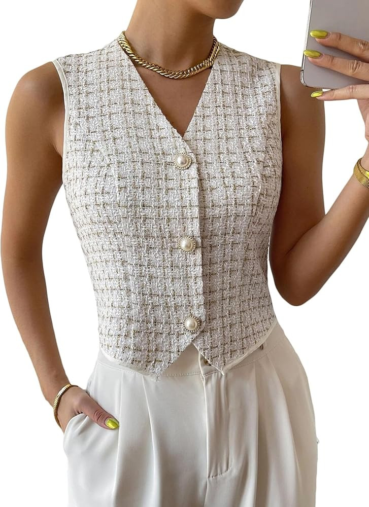2025 Womens Summer Tweed Plaid Vest Tops Sleeveless Lightweight Crop V-Neck Button Down Work Jack... | Amazon (US)