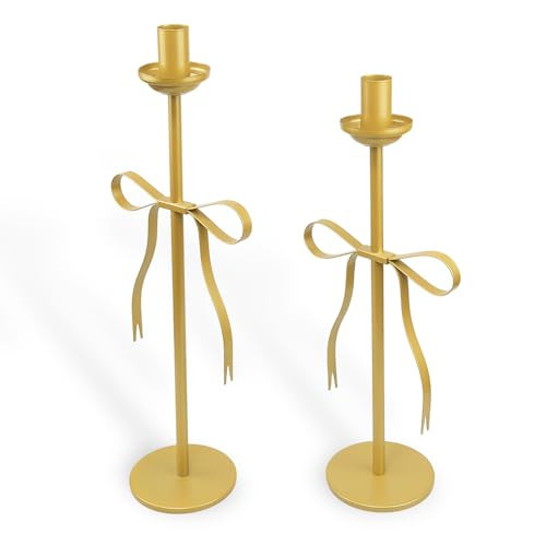 Gold Candlestick Holders Set of 2 Weighted Metal Bow Taper Candle Holders Vintage Candle Stick Holder Candelabra for Holiday Home Decor Fireplace Mantel Wedding Party Housewarming Gift | Amazon (US)