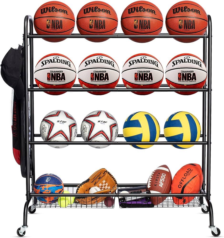 EXTCCT Basketball Rack, Rolling Basketball Shooting Training Stand,Sports Equipment Storage with Wheels, Four-Layer Organizer Holder with Two Basket for Basketballs Footballs Volleyball | Amazon (US)