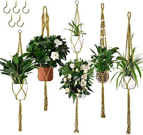 5 Pack Macrame Plant Hangers with 5 Hooks, Handmade Cotton Rope Hanging Planters Set Flower Pots ... | Amazon (US)