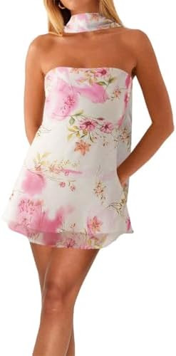 Naileksi Women Strapless Floral Print Mini Dress with Scarf Casual Tube Mesh Short Dress Summer W... | Amazon (US)