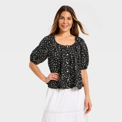 Women's Puff Short Sleeve Button-Up Peasant Top - Universal Thread™ Black Floral L | Target