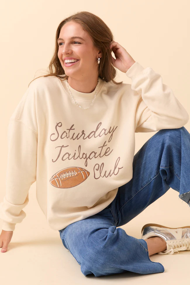 Saturday Tailgate Club Cream Graphic Sweatshirt | Pink Lily