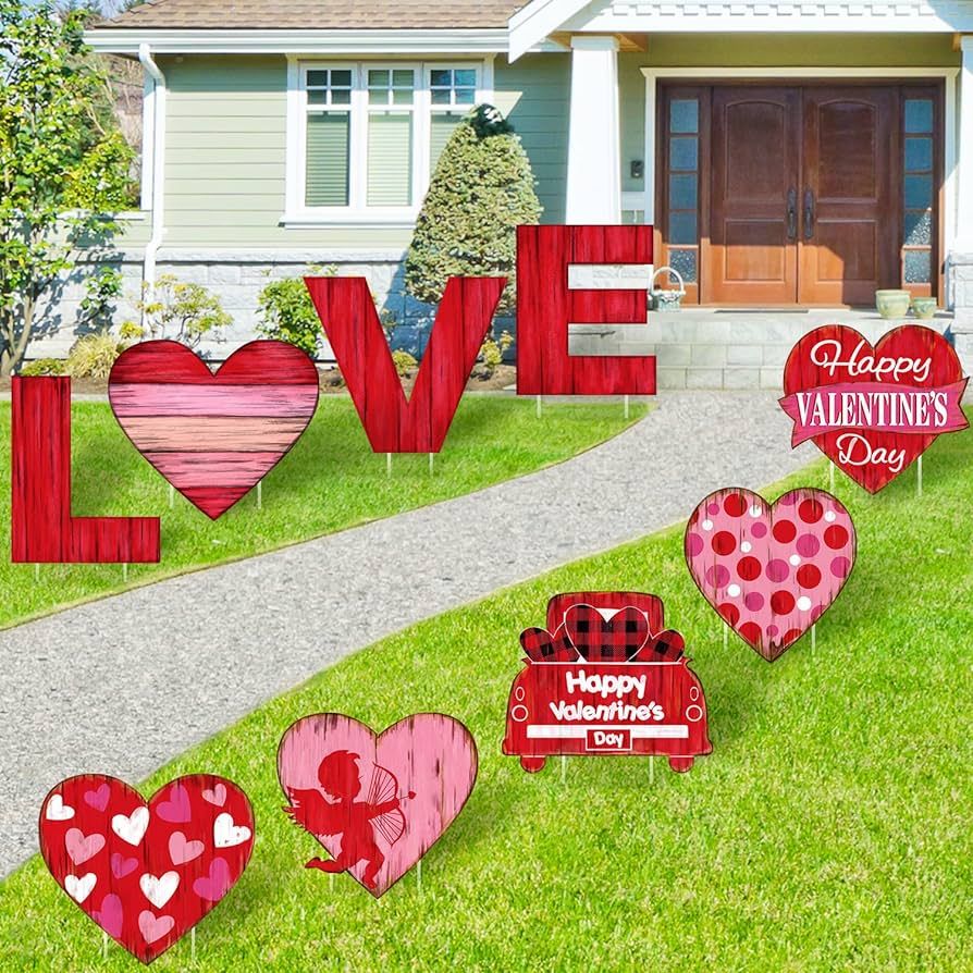 ​Quera 9Pcs Valentine's Day Yard Sign with Stakes Love Heart Truck Red Love Heart Cupid Lawn Si... | Amazon (US)