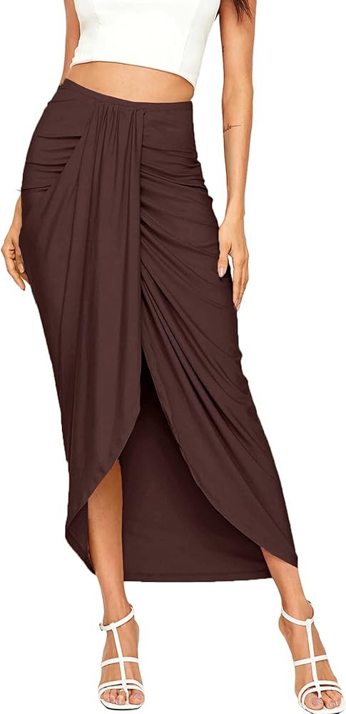 SheIn Women's Casual Slit Wrap Asymmetrical Elastic High Waist Maxi Draped Skirt | Amazon (US)