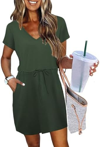 Womens Summer Dresses 2026 Casual Tie Front Short Sleeve A Line Midi Shirt Dress Beach Vacation C... | Amazon (US)