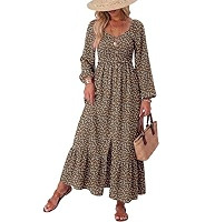 Dokotoo Womens Dresses Boho Floral Smocked Empire Waist Square Neck Long Sleeve Button Maxi Dress... | Amazon (US)