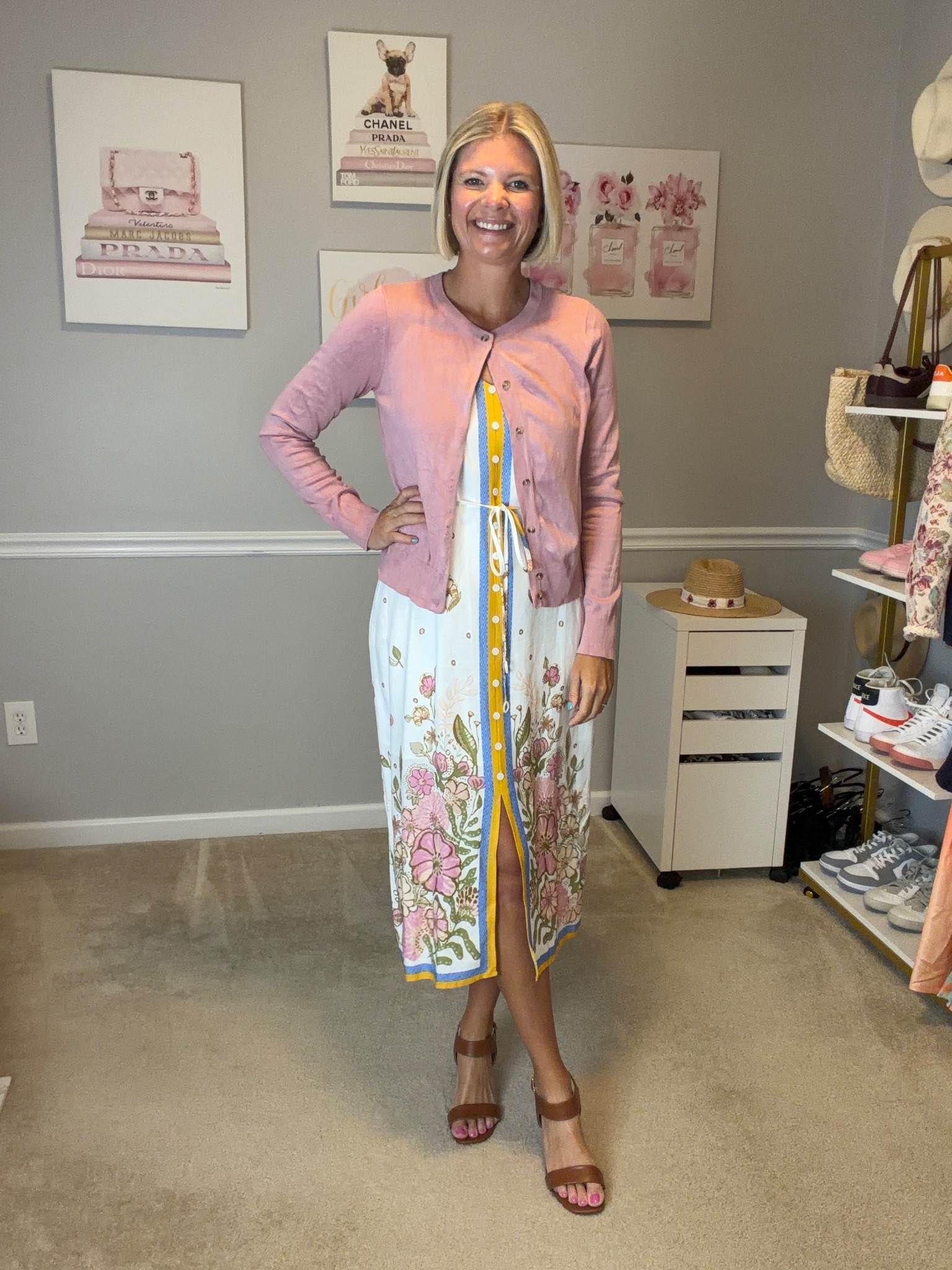 White and floral midi dress TTS
Light pink fine knit cardigan TTS (M)

#LTKOver40 #LTKWorkwear #LTKMidsize