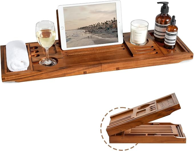 Teak Bathtub Tray | Adjustable Width Tray with Wine Holder, Tablet/Phone & Book Stand, Splash-Pro... | Amazon (US)