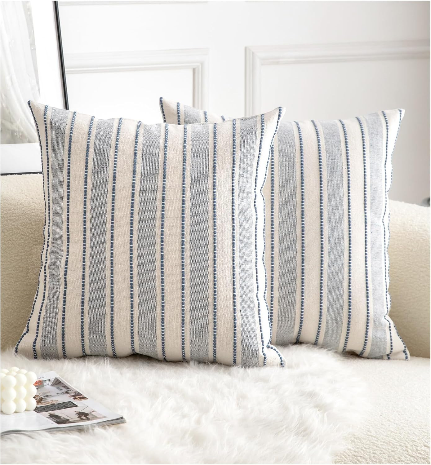 Decorative Boho Throw Pillow Covers, Farmhouse Textured Pillow Case, 18 x 18 Inch Set of 2, Chair Sofa Bedroom Living Room Home Decor Couch Cushion Case, Classic Blue and Beige Striped | Amazon (US)