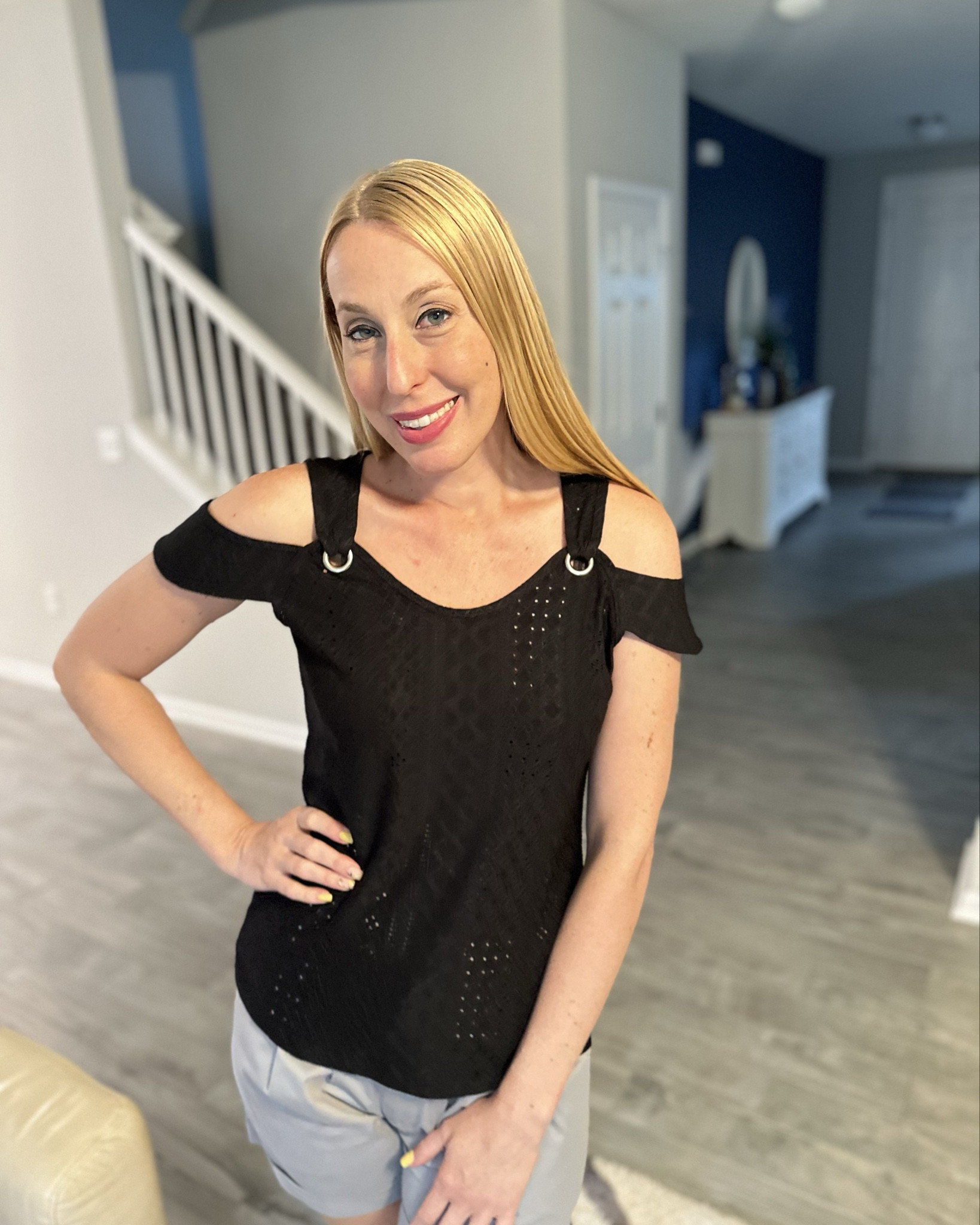 Black eyelet blouse
🤍 this is so cute for summer and comes in several colors
🤍 loose and stretchy fit
🤍 wearing size small in top and shorts 

#LTKVideo #LTKStyleTip #LTKFindsUnder50