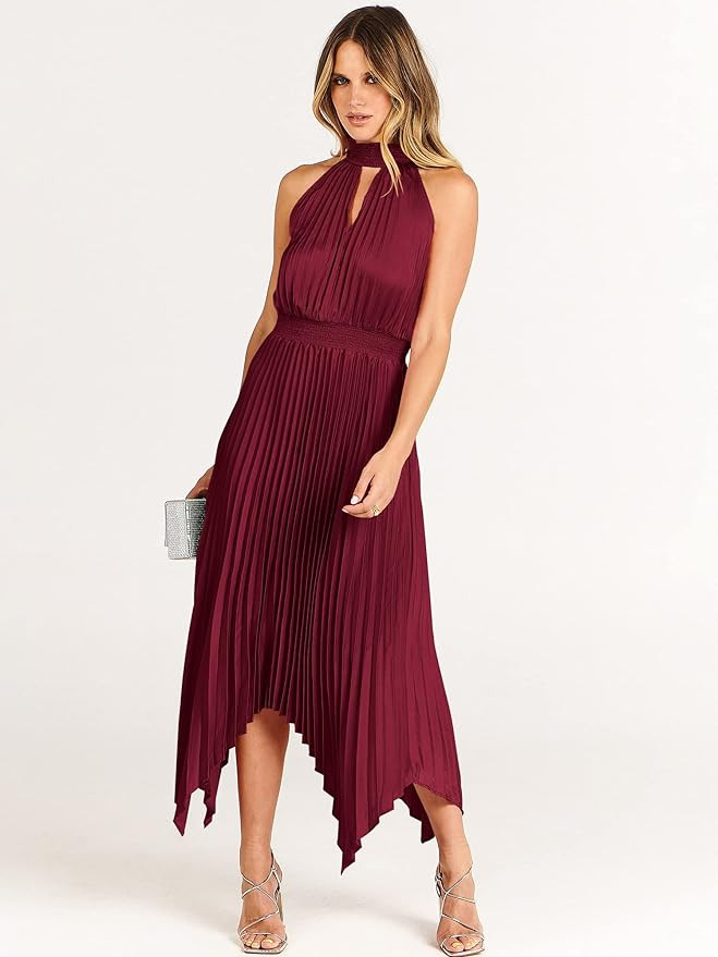 ANRABESS Women's Sleeveless Cutout Halter Neck Satin Formal Dress Smocked Pleated Asymmetric Part... | Amazon (US)