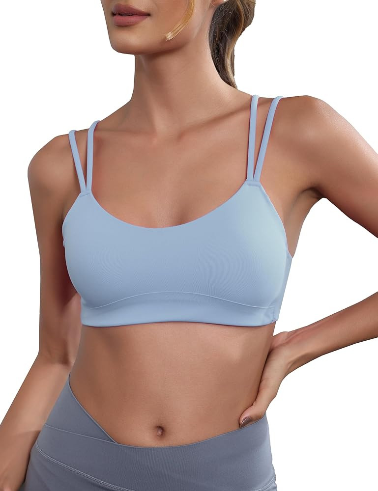 Yoga Sports Workout Bras for Women Seamless Molded Cup Spaghetti Double Strap Bra Wirefree Scoop ... | Amazon (US)