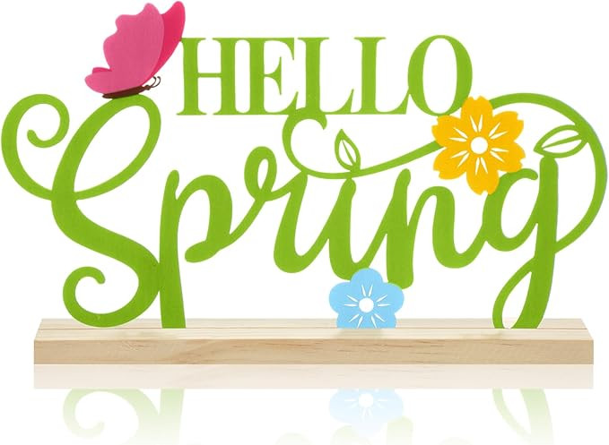 Roowest Metal Hello Spring Table Sign with Wooden Base Spring Flower Butterfly Tabletop Decoratio... | Amazon (US)