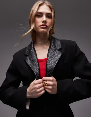 ASOS DESIGN tailored cinch waist blazer with faux leather lapels in black | ASOS (Global)