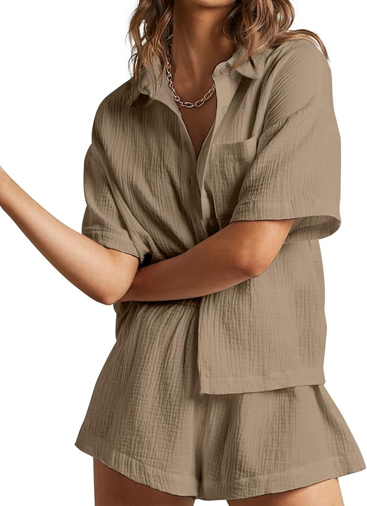 Women's 2 Piece Casual Outfits Cotton Linen Button Down Shirt Top High Waisted Shorts Set Tracksu... | Amazon (US)
