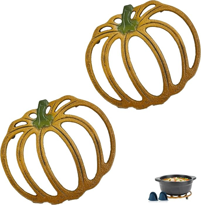 2\u2011Pack Cast Iron Pumpkin Trivet Set, 6.8in Rustic Fall Pot Holder with Silicone Gloves, Hall... | Amazon (US)